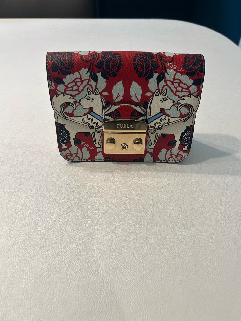 Furla Red Floral & Cream Printed Leather Mini Crossbody Wallet